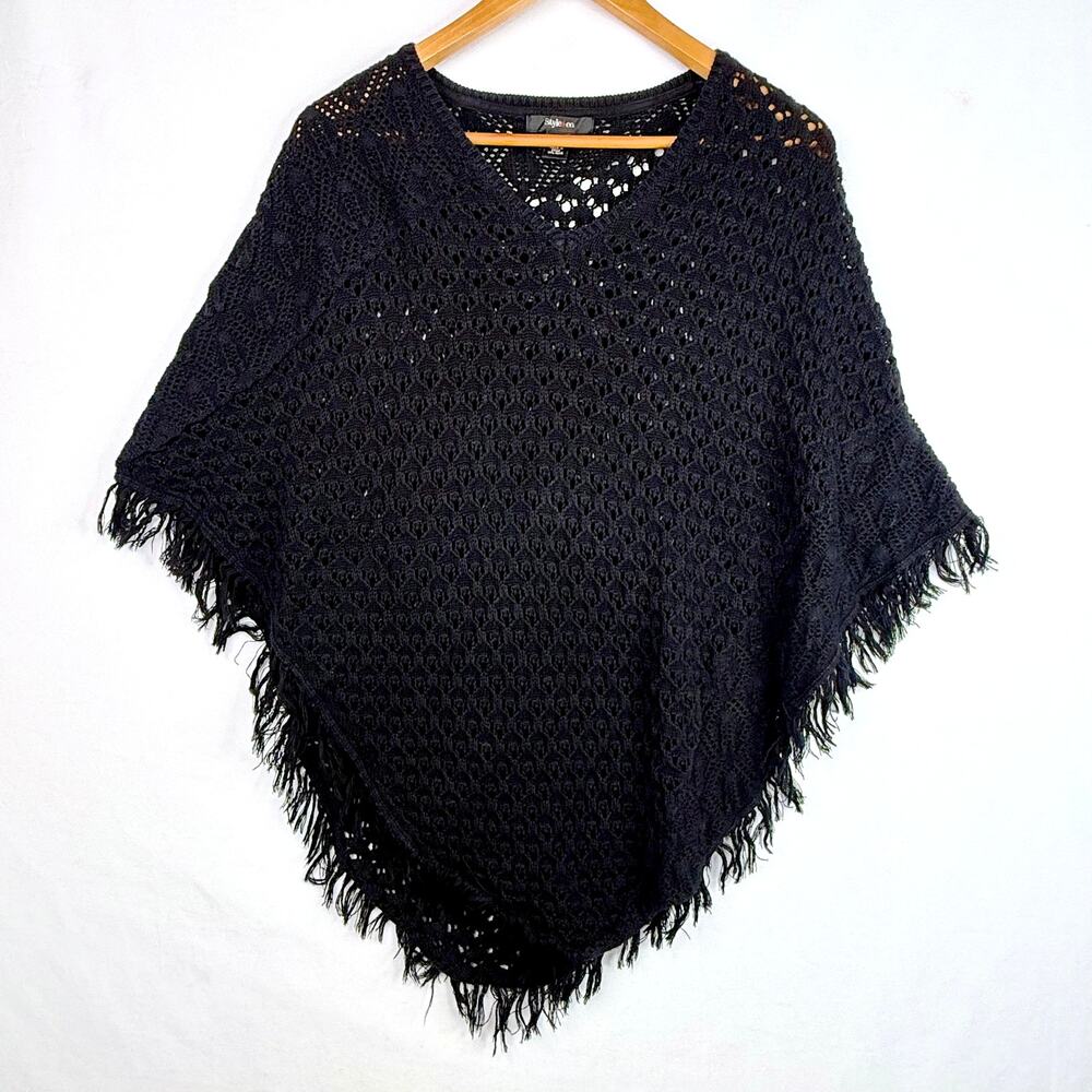 Style & Co Black Knit Fringe Poncho L/XL